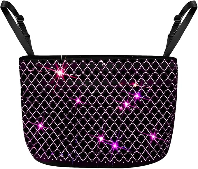 Bling Car Net Pocket Handbag Holder, Rhinestone Vehicle Backseat Purse Organizer Between Seats, Diamond Hanging Storage Bag Barrier of Pet Kids, Universal Automotive Accessories (Pink)