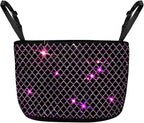 Bling Car Net Pocket Handbag Holder, Rhinestone Vehicle Backseat Purse Organizer Between Seats, Diamond Hanging Storage Bag Barrier of Pet Kids, Universal Automotive Accessories (Pink)