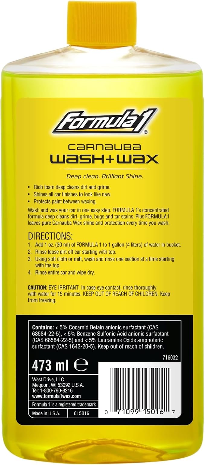 Car Wash and Carnauba Wax, 2-in-1 Car Cleaning Soap for Auto Detailing, Removes Tough Dirt and Leaves a Brilliant Shine (16 ounces)