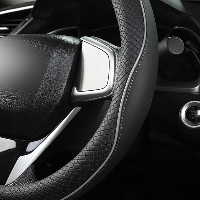 Microfiber Leather Car Steering Wheel Cover for Honda Accord Civic CR-V HR-V Pilot Fit Passport Odyssey,Sport Style,14.5-15 inch (Black+Gray Line-Standrad Size)