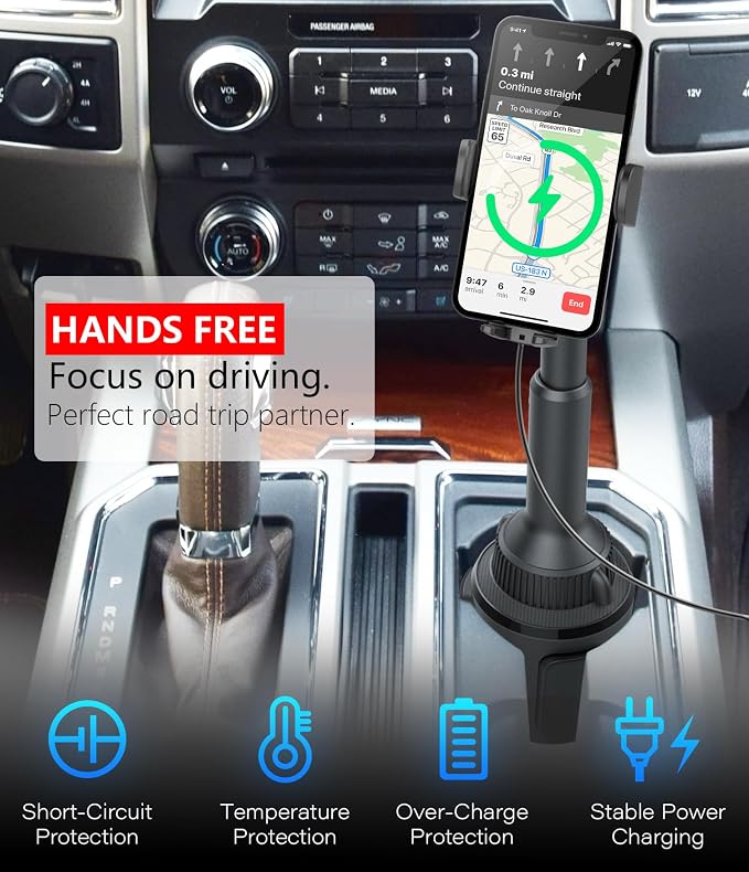 15W Qi Wireless Car Charger Solid Cup Holder Mount, Adjustable Long Arm & 360° Rotation, Fits 3"–4" Round Cup Holders, Works with Cases ≤ 4 mm (No Metal Attachments)