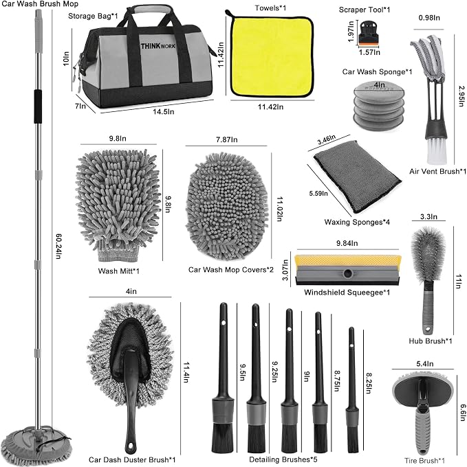 Car Wash Kit, 62'' Car Washing Brush with Long Handle, Extendable Car Wash Brush Mop with 2-in-1 Windshield Squeegee and 9Pcs Detailing Brushes, Gray Car Detailing Kit Gift for Men