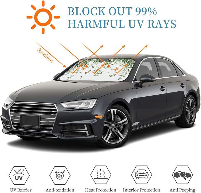 Windshield Sun Shade Botanical Leaf Butterfly Watercolor Car Front Window Sunshade Cover for Truck SUV Blocks UV Rays Automotive Visor Interior Protector 51 x 27.5 inch