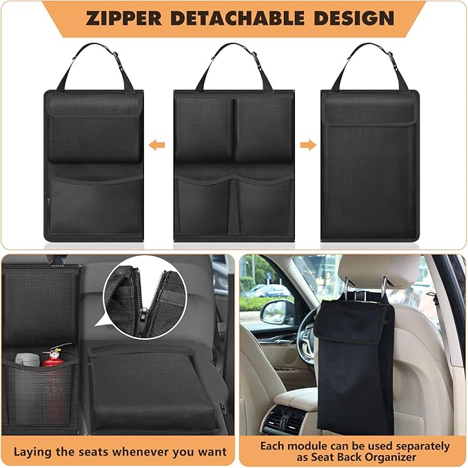 Car Trunk Organizer and Storage, Detachable Seat Back Hanging Organizers Storage with Zippers, Large Capacity Car Accessories Interior for Jeeps, SUVs, Vans (Black)