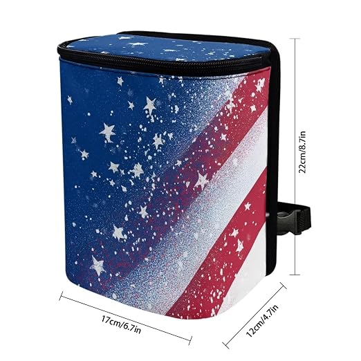 American Flag Star Print Car Trash Can with Lid, 4th of July Leak Proof Auto Trash Bag Hanging Vehicle Garbage Can Multipurpose Storage Container for Back Seat Road Trip
