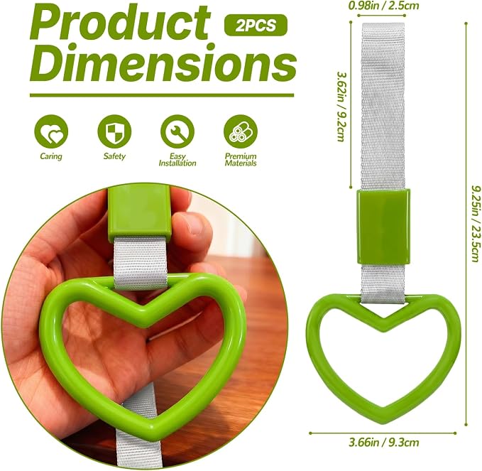 2 Pcs Heart Shaped Car Handle Strap – JD M Drift Charm Rear Bumper Warning Ring Decor for Car Interior Exterior, Subway Bus Handle Accessory, Cute Heart Car Decor Gift for Drivers (Green-Silver)