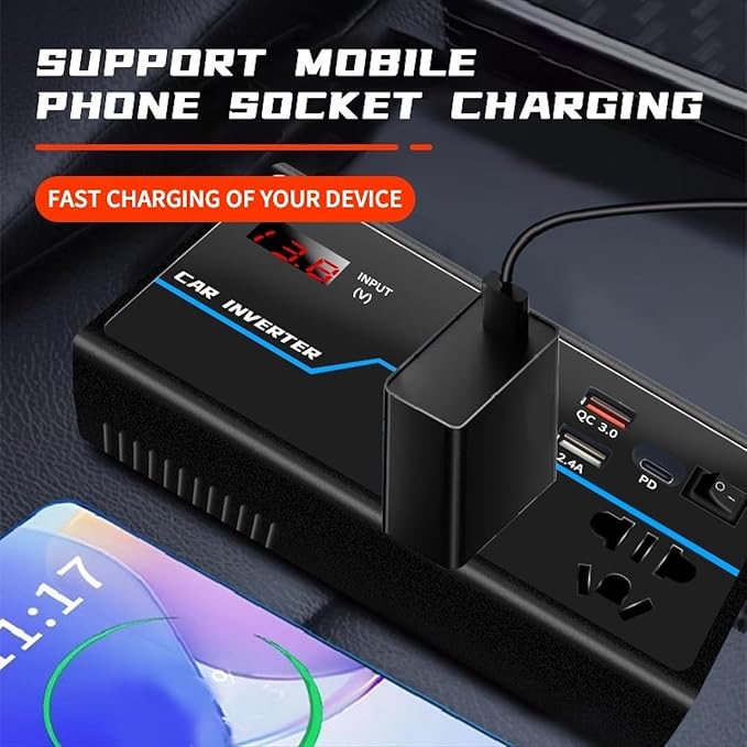 200W Car Power Converter, DC 12V to AC 110V Car Inverter, Car Outlet Adapter with PD 30W(PD3.0)/QC 30W(QC3.0) Fast Charging Ports, Car Plug Converter with On/Off Switch and Current LCD Screen