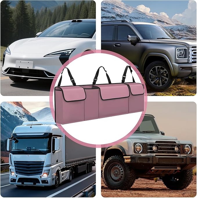 Car Trunk Organizer, Backseat Hanging Large Storage with Adjustable Straps,Waterproof PVC Collapsible Cargo Bag, Car Interior Accessories for Auto SUV MPV (Pink)