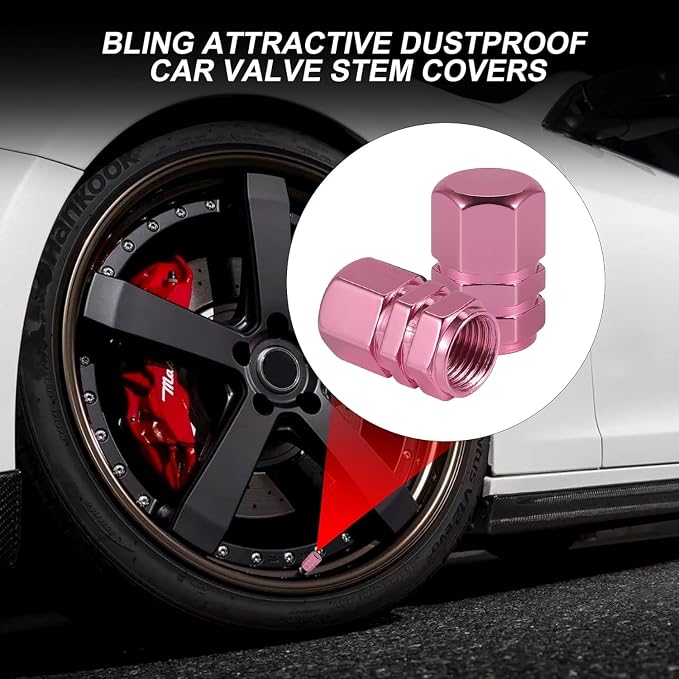 Aluminum Tire Stem Valve Caps Wheel Valve Covers Car Dustproof Tire Cap Cover Accessories, Universal for SUV, Car, Bike and Motorcycle，Hexagon Shape (Pink)