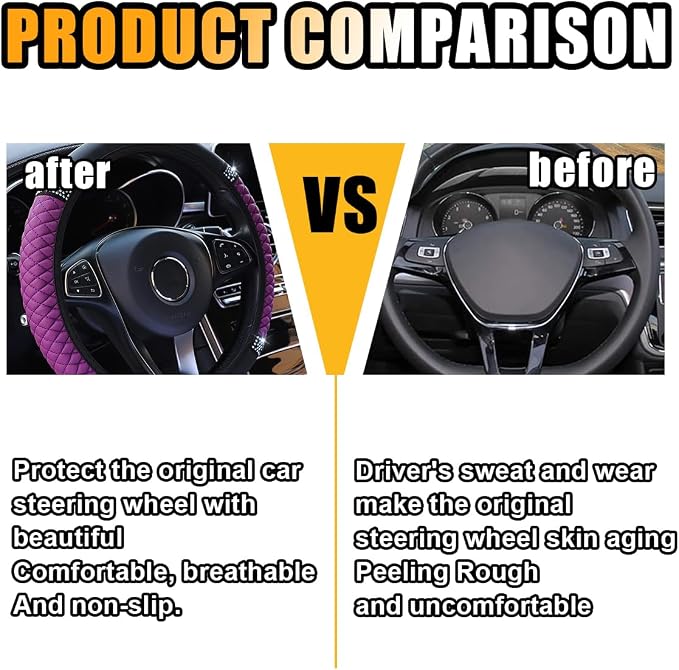 15 Inch Bling Soft Leather Car Steering Wheel Cover, Purple | Colorful Rhinestones Design, Auto Elastic Protector for Women Girls, Crystal Diamond Car Accessories for Most Cars, SUVs