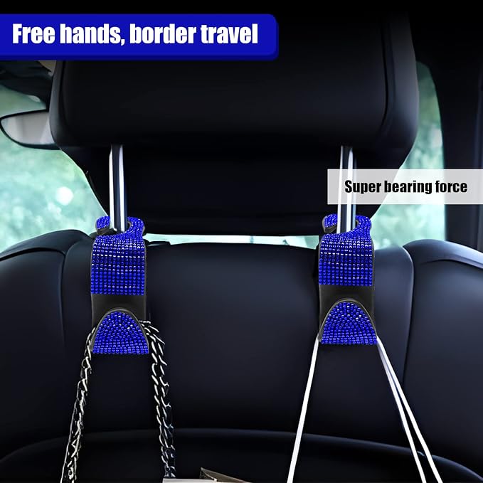 2PCS Car Seat Hooks, Bling Car Rhinestone Headrest Hooks, Universal Bling Car Interior Accessories, for Handbag, Clothes, Purse, Water Bottle (Blue)