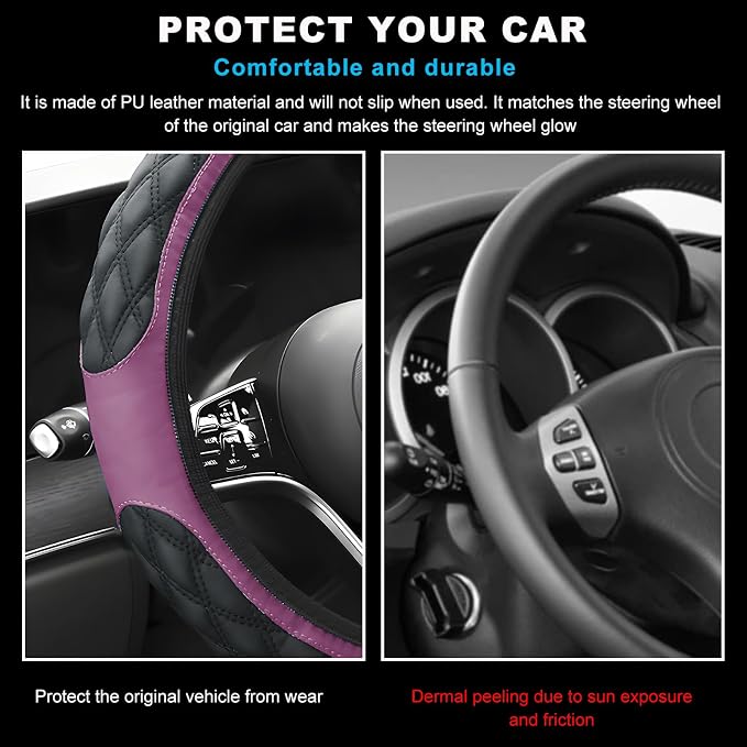 Car Steering Wheel Cover, 15-Inch Non-Slip Leather Steering Wheel Protector, Universal Soft Cover Mat For Car Truck SUV, Interior Car Accessories (Purple)