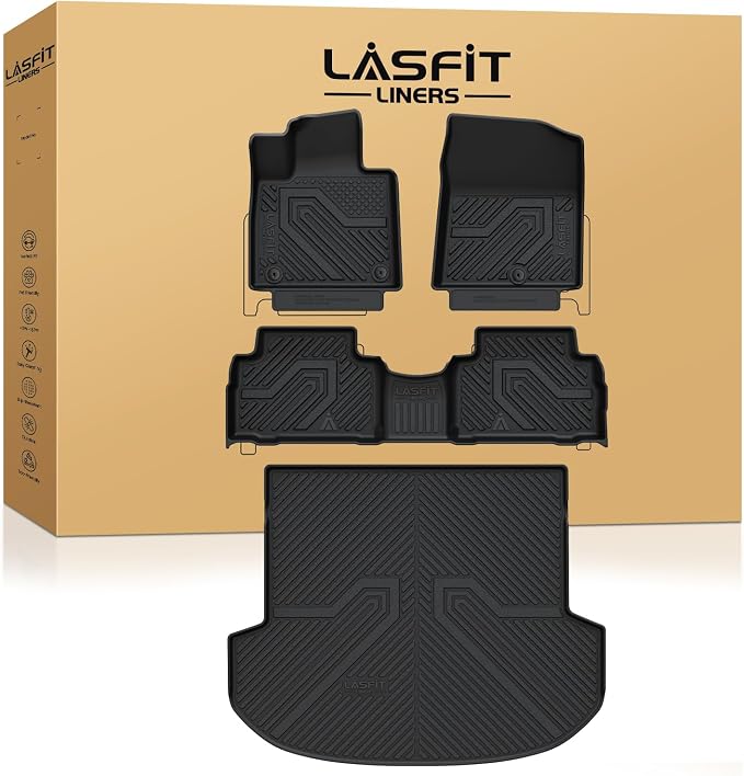 Floor Mats & Cargo Mat for Hyundai Santa Fe 2023 2022 2021 (Only Fit Gas, Not Fit Hybrid or PHEV) All Weather TPE Custom Fit Floor Liners Accessories, Full Set Car Mats and Trunk Mats