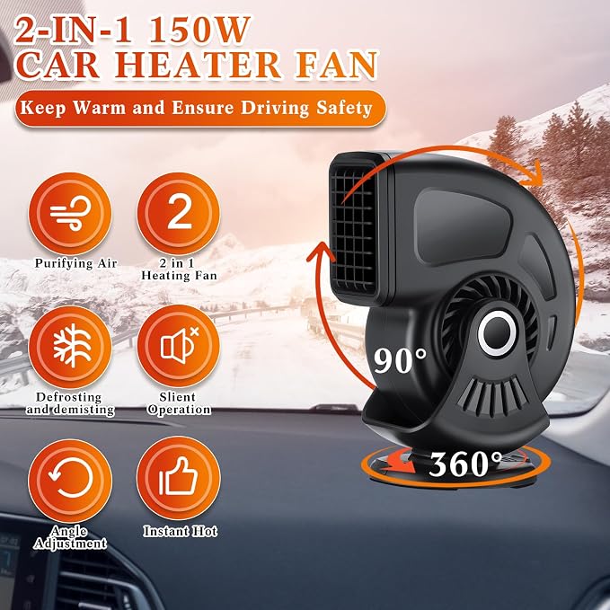 3 Pcs Car Heater & Defogger 12v 150w Rapid Windshield Defroster Portable Auto Fan Heater Plug in Cigarette Lighter 2 in 1 Fast Heating or Cooling with 360 Degree Suction(Black)