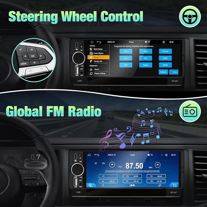 Single Din Radio for Car - Supports Apple Carplay & Android Auto，6.28 inch Single Din Touchscreen Radio with Bluetooth，Backup Camera，Enhanced Mic，USB ，SWC ，RCA，EQ，FM (Black)