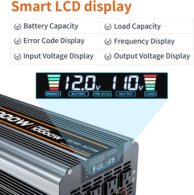 5000 watt Power Inverter DC 12V to AC 110V/120V Converter,10000w Peak.Comes with LCD Display,Wireless Controller, 4AC outlets,1USB.RV Inverter,Suitable for Camping,and Off-Grid Solar Inverter Systems