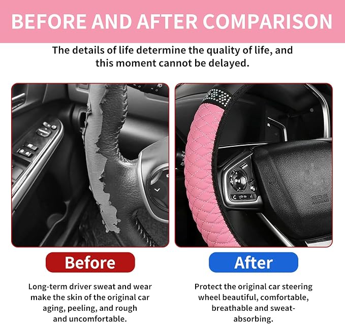 Bling Car Steering Wheel Cover, 15 Inch Rhinestones Soft Leather Elastic Steering Wheel Protector, Sparkly Crystal Diamond for Women, Car Interior Accessories for Most Cars (Pink)
