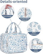 Travel Toiletry Bag for Women Large Hanging Makeup Bag Organizer Toiletries Bag for Full Size Essentials Accessories Cosmetics (Blue Flower (Large))