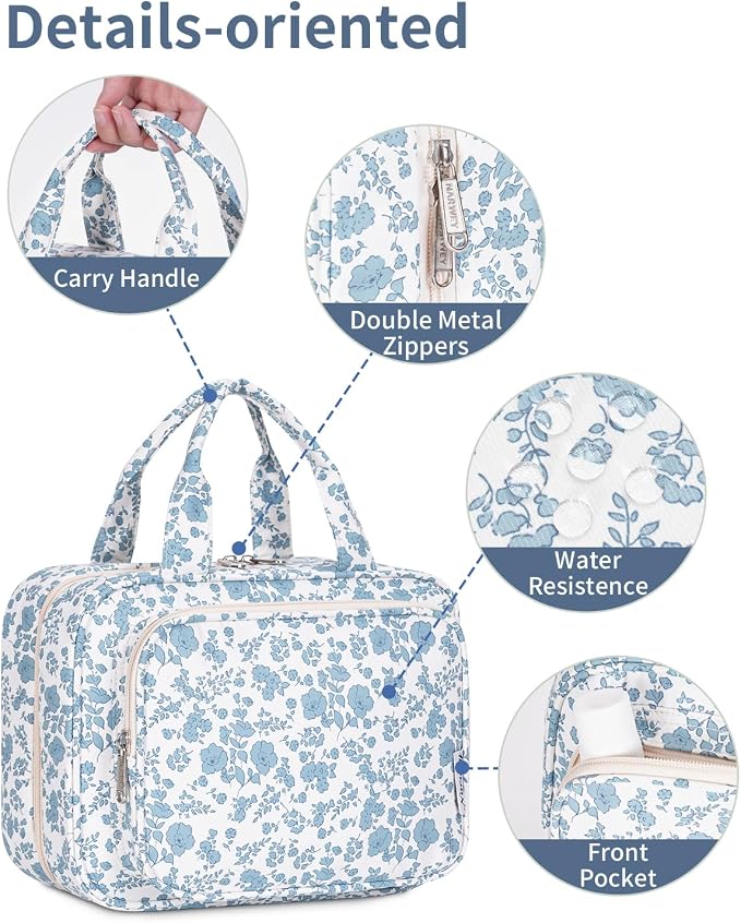 Travel Toiletry Bag for Women Large Hanging Makeup Bag Organizer Toiletries Bag for Full Size Essentials Accessories Cosmetics (Blue Flower (Large))