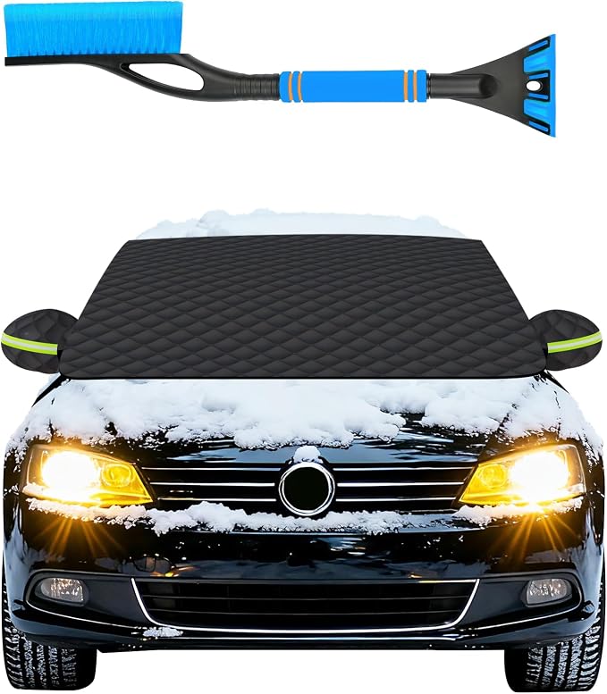 Snow Cover for Car Windshield, Snow Brush and Ice Scraper, Winter Front Window, Protects from Ice Snow Sun, Durable Car Hood Cover, Easy Install Automotive Exterior Accessories (B-Snow Cover-L-Kit)