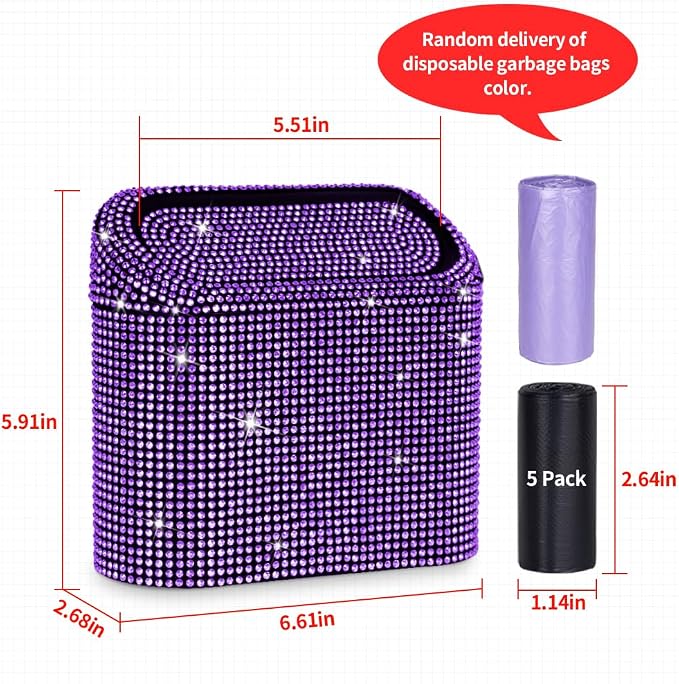Car Trash Can with Lid, Mini Vehicle Trash Bin Car Dustbin Garbage Organizer,Bling Crystal Automotive Garbage Can Bin Trash Container for Auto Cars, Home, Office,Purple