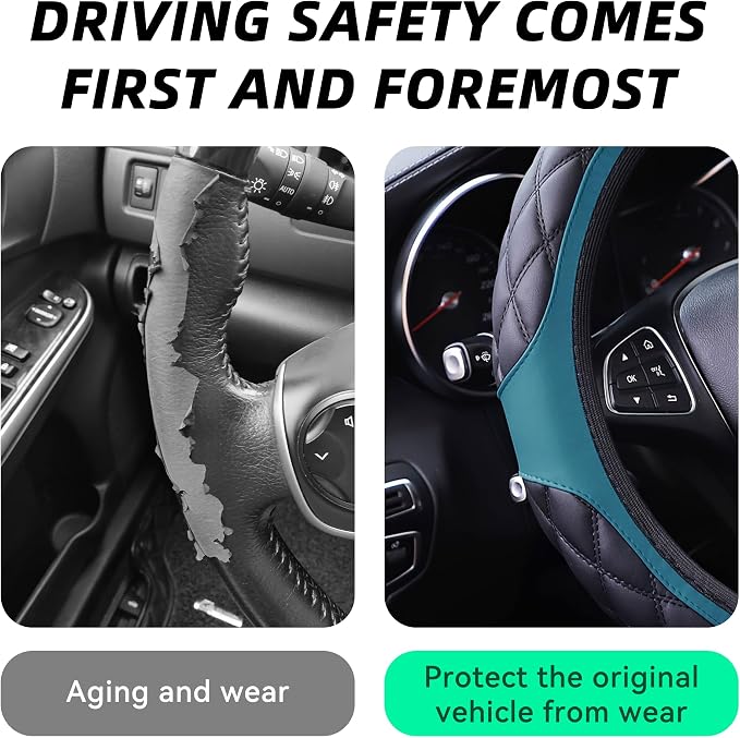 15 Inch Car Leather Steering Wheel Cover, Automotive Accessories Elastic Breathable Anti-Slip Soft Wheel Protector Fits Men and Women, Suitable for SUVs, Trucks, Vehicles and RVs (Dark Green)