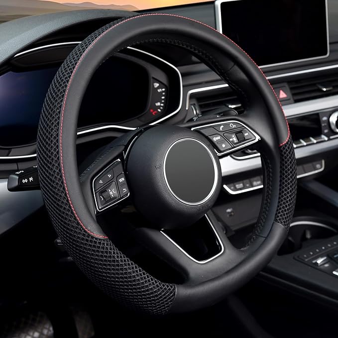 D Shape Steering Wheel Cover, Universal 15 inch, Microfiber Leather Viscose, Breathable, Anti-Slip,Warm in Winter and Cool in Summer, Black