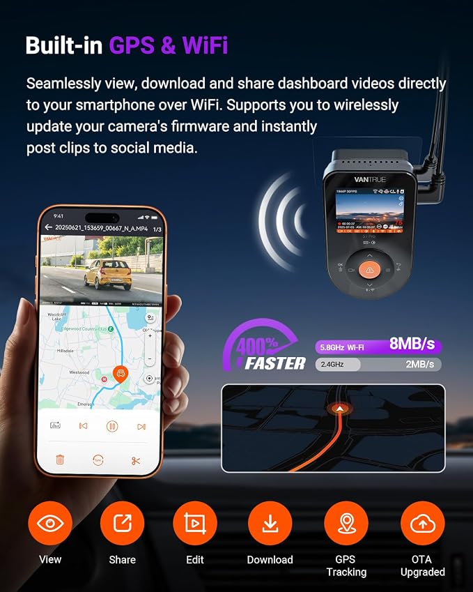 S1 Pro Dash Cam Front STARVIS 2, 2.7K Mini Dash Camera for Cars, ADAS, App Control, Built-in WiFi GPS, G-Sensor, Loop Recording, Night Vision, 24H Parking Mode, 158°, 2" IPS, Support 1TB Max