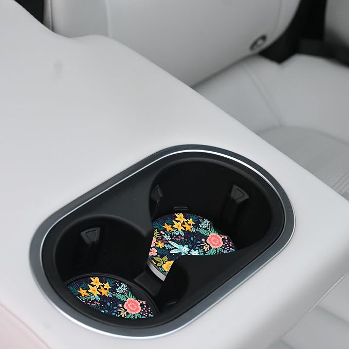 Absorbent Car Coasters 2 Pack for Cup Holders, 2.56" Ceramic Stone & Non-Scratch Cork Base Drink Coasters(Flowers 1)