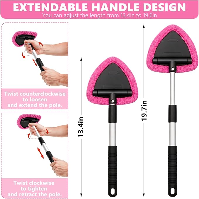 Windshield Cleaning Tool, 13PCS Car Detailing Kit Interior Cleaner, Car Window Cleaner with Extendable Handle, Car Interior Cleaning Kit with Detailing Brushes for Women Men (Pink)