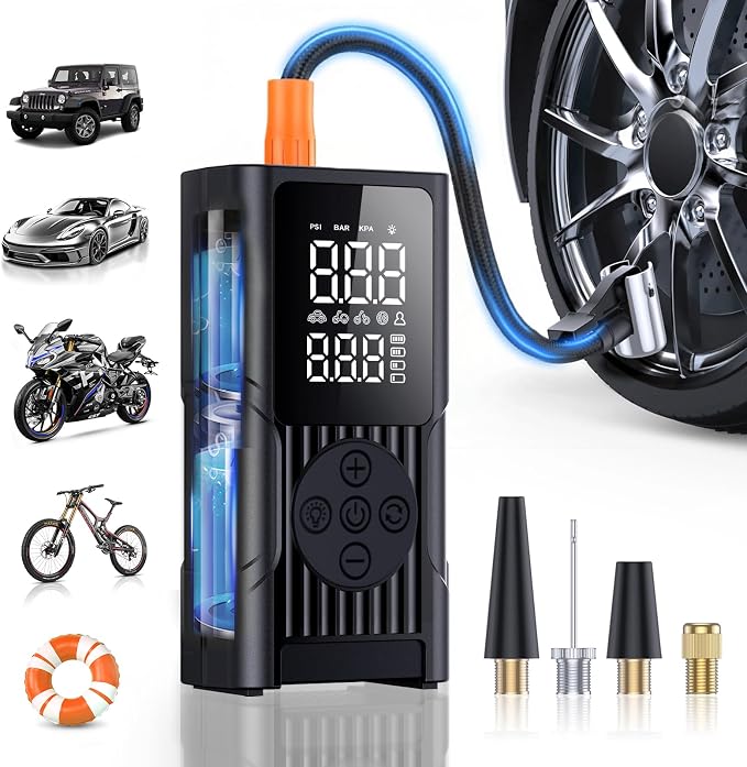 Tire Inflator Portable Air Compressor - 3X Faster Cordless Air Pump for Car Tires, 150PSI Electric Bike Pump with Digital Gauge & Auto Shut Off, LED Light, Power Bank