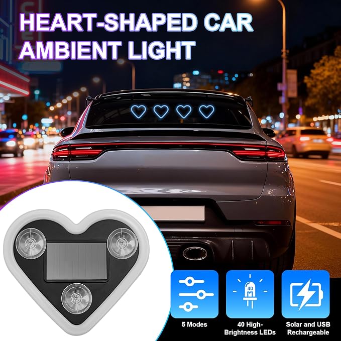 Heart-Shaped LED Neon Light | Solar and USB Rechargeable | 2 Pack Blue Car Interior Lights with Suction Cups | 40 High-Brightness LEDs Car Ambient Light, 5 Modes