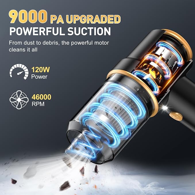 Handheld Car Vacuum Cleaner, 9000PA Vacuum Cleaner & Air Duster, 120W High Power Vacuum Portable Cordless, Hand Held Vacuum Rechargeable with Multi-Nozzles & LED Light for Home, Car, Office