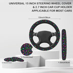 Colorful Stars Steering Wheel Cover for Women, Anti-Slip Car Steering Wheel Cover with 2 Pcs Cup Holders Neoprene Breathable Car Accessories Universal 15 Inch Auto Interior Decor