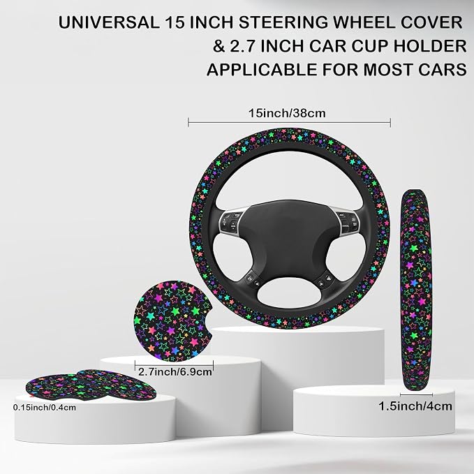 Colorful Stars Steering Wheel Cover for Women, Anti-Slip Car Steering Wheel Cover with 2 Pcs Cup Holders Neoprene Breathable Car Accessories Universal 15 Inch Auto Interior Decor