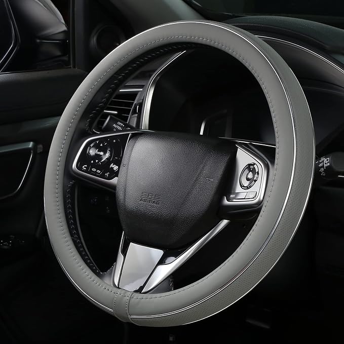 Gray Leather Steering Wheel Cover Silver Fiber Strip Car Steering Wheel Cover Universal 15 inch for Men