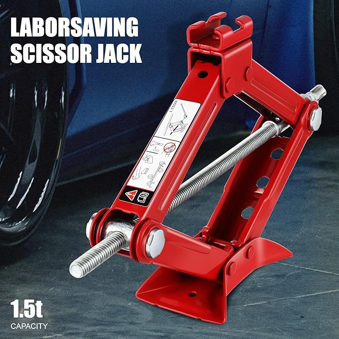 1.5 Ton (3,306 lbs) Scissor Lift Jack with Labor-Saving Ratchet Wrench for Most Cars, 4'' - 15.2'' Lifting Range, Red, TOOLS-00477