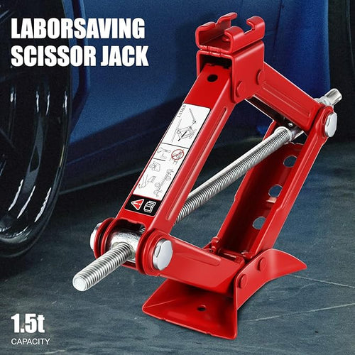 1.5 Ton (3,306 lbs) Scissor Lift Jack with Labor-Saving Ratchet Wrench for Most Cars, 4'' - 15.2'' Lifting Range, Red, TOOLS-00477
