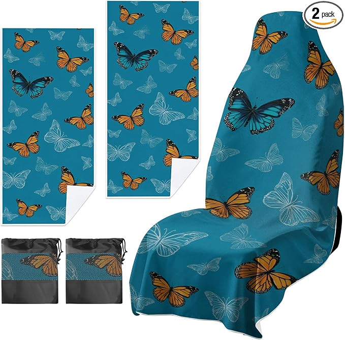 2 Pack Car Towels Seat Cover with Storage Bag, Multifunctional Microfiber Towel for Gym Outdoor Sport Running,Picnic, Beach, Pet Dog Travel,Fits Car SUV Truck (Blue Butterflies)