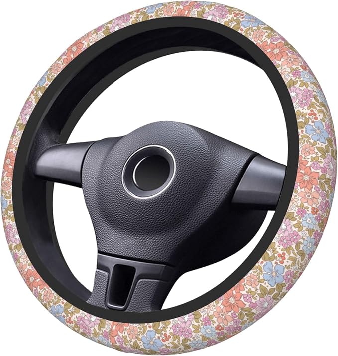 Pink Garden Plants Floral Neoprene Steering Wheel Cover Anti-Slip Elastic Steering Wheel Protective Cover 15in Universal Flower Car Accessories Fit Cars, SUVs, Auto