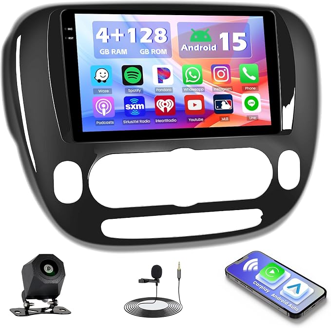 4+128G Android 15 Car Stereo for Kia Soul 2014-2017 (Manual A/C), 9” Touchscreen Radio with CarPlay, Android Auto, Bluetooth, GPS Navigation, WiFi, DSP, FM, RDS + AHD Backup Camera