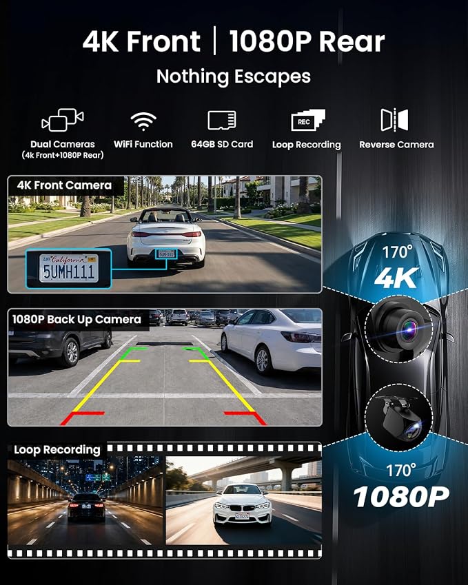 11'' Wireless CarPlay & Android Auto Screen for Car, Full Laminated HD Touchscreen, 4K Dash Cam, 1080P Rear Camera, 5GHz WiFi, Bluetooth 5.0, FM/AUX, Phone Mirroring, Voice Control, 64GB Card Included