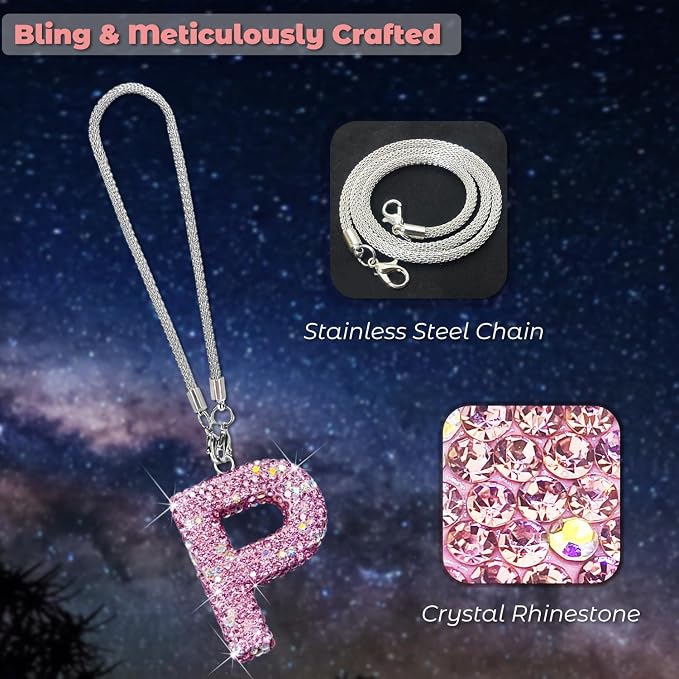 Bling Pink Car Accessories for Women Letter Charm, Rainbow Color Rear View Mirror Cute Crystal Pendant Car Decorations, Lucky Gifts Girly Diamond Rhinestone Charm Letter P