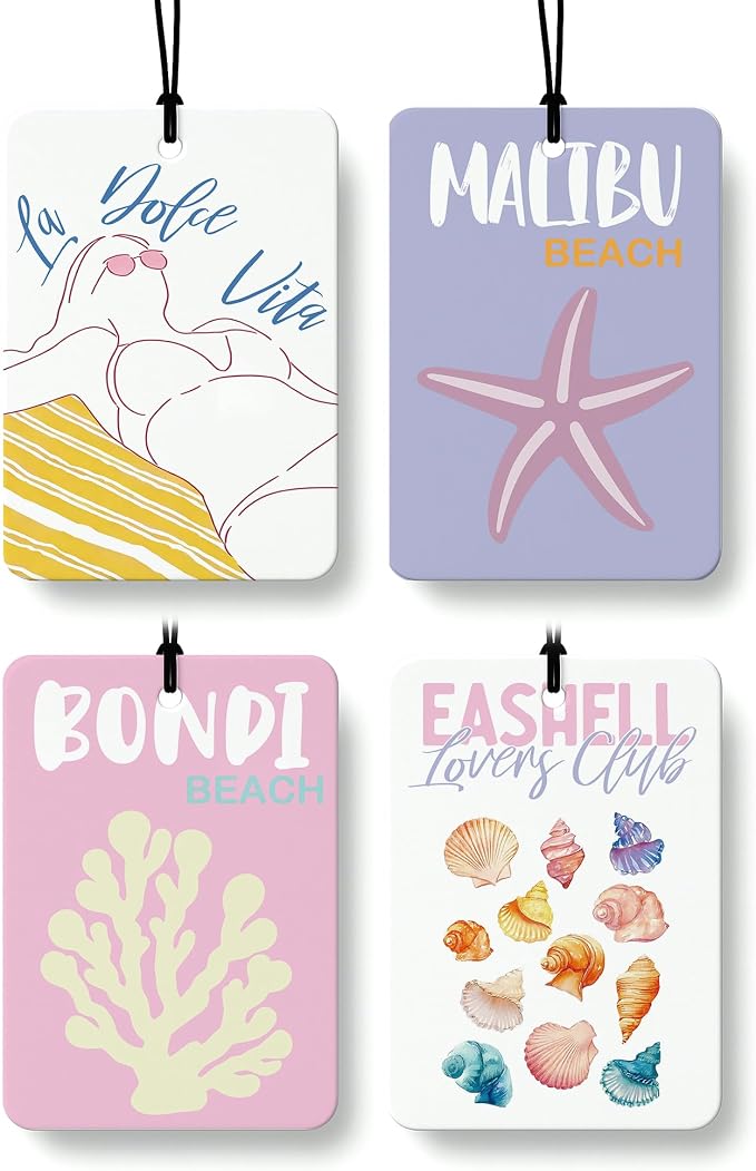 Coastal Beach Car Air Freshener 4 Pcs Coconut Scented, Summer Starfish Seashell Car Accessories Mirror Decor for Women, Girly Beachy Hanging Air Freshener for Cars Closet Drawer Books