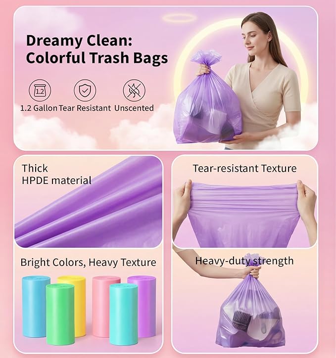 Mini Trash Bags 1.2 Gallon Unscented, 0.82 Mil, Colored,300 Count | 4.5 Liter Garbage Bag, Plastic Wastebasket Liners, Leakproof, Tear Resistant,for Under-sink Bins, Bedside Cans, Bathroom Bulk
