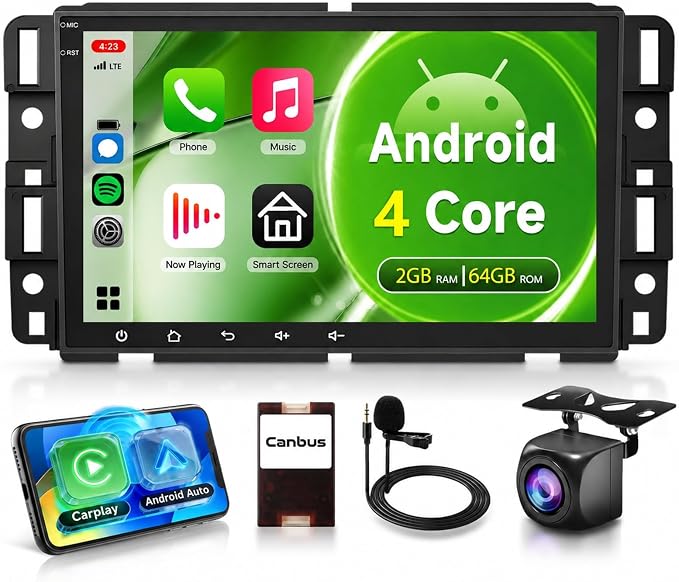 4Core 2G+64G Car Radio for Chevrolet Chevy Silverado GMC Sierra Yukon 2007-2013, Android Car Stereo Wireless CarPlay Android Auto, GPS WiFi, Touchscreen, Bluetooth, EQ, Backup Camera