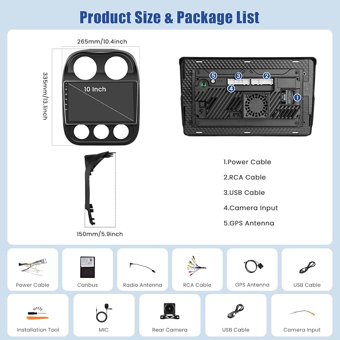 [8Core 6G+128G] Android 15 Car Radio for Jeep Compass Patriot 2010-2016 with Wireless Carplay Android Auto, 10 Inch HD Touchscreen Car Stereo with WiFi GPS Bluetooth5.0 FM/RDS 32EQ SWC