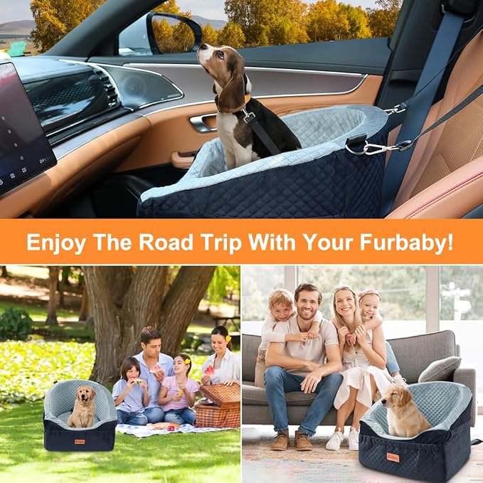 Dog Car Seat for Small & Medium Dogs, Detachable & Washable Booster Seat for Pets Up to 30lbs, Travel Bed with Storage Pockets and Safety Belt – Gray&Black