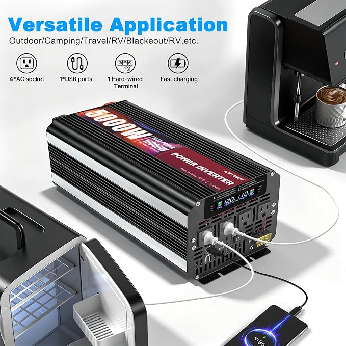 5000 Watt Power Inverter 12V to 110V 120V with 4 AC Outlets, LCD Display, Wireless Remote Control for Vehicle, Solar System, Heavy Duty, RV, Truck, Off Grid, Camping