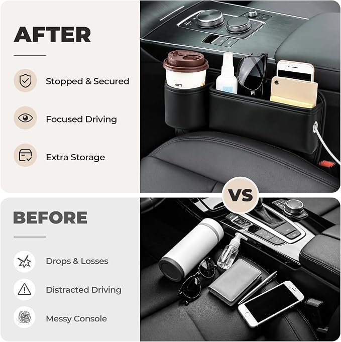 Universal Fit Car Seat Gap Filler Organizer | Extra Storage Organizer with Cup Holder | Easy Access | Premium Leather | Black | 2 Pack